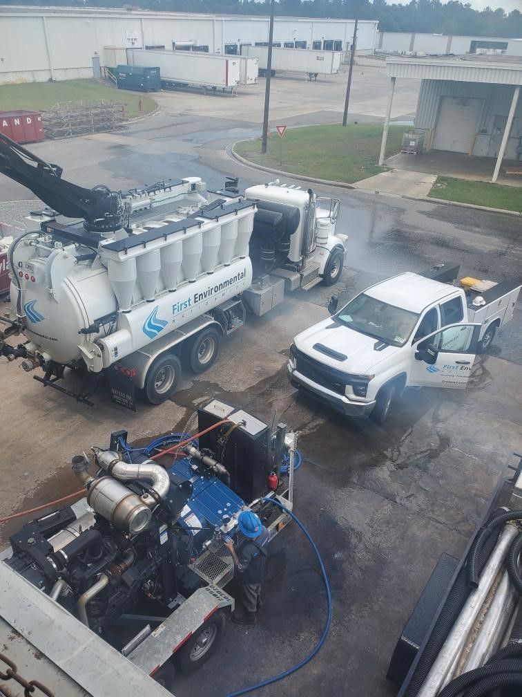 A vacuum truck and a truck are parked next to each other in a parking lot.