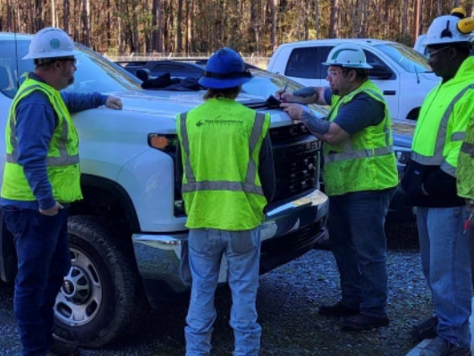 First Environmental workers are standing around a truck