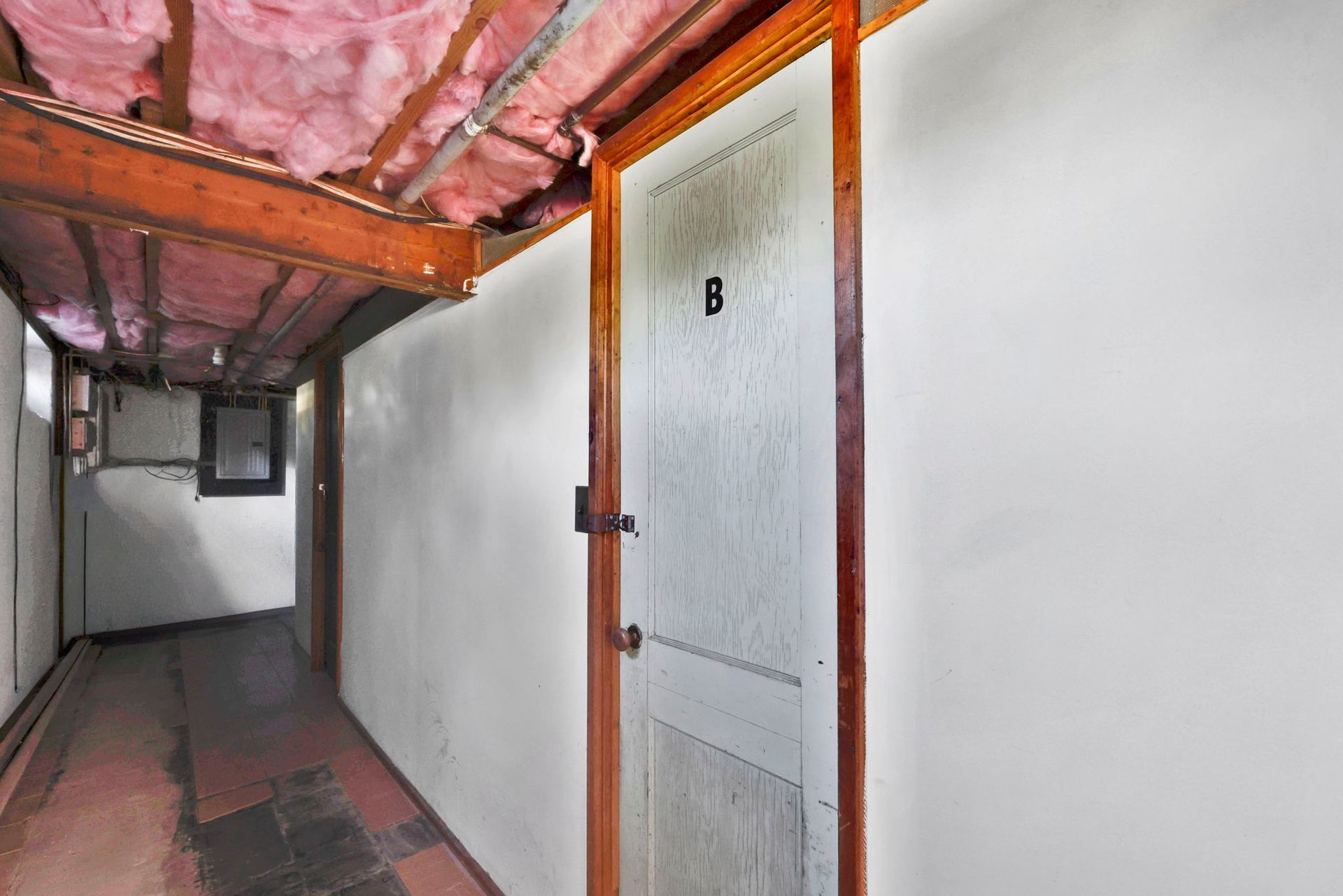 Basement hallway with white walls, wooden door, and exposed insulation.