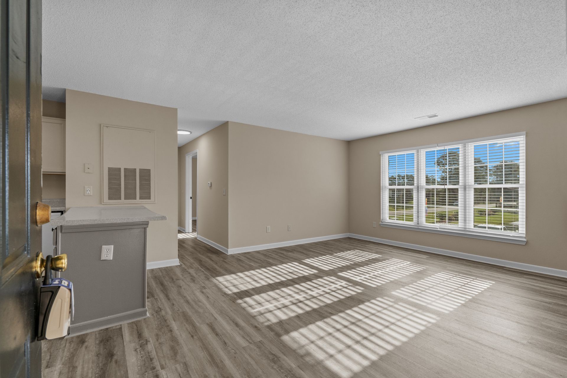 Empty living room with wood-look flooring, large windows, and beige walls, with sunlight streaming in.