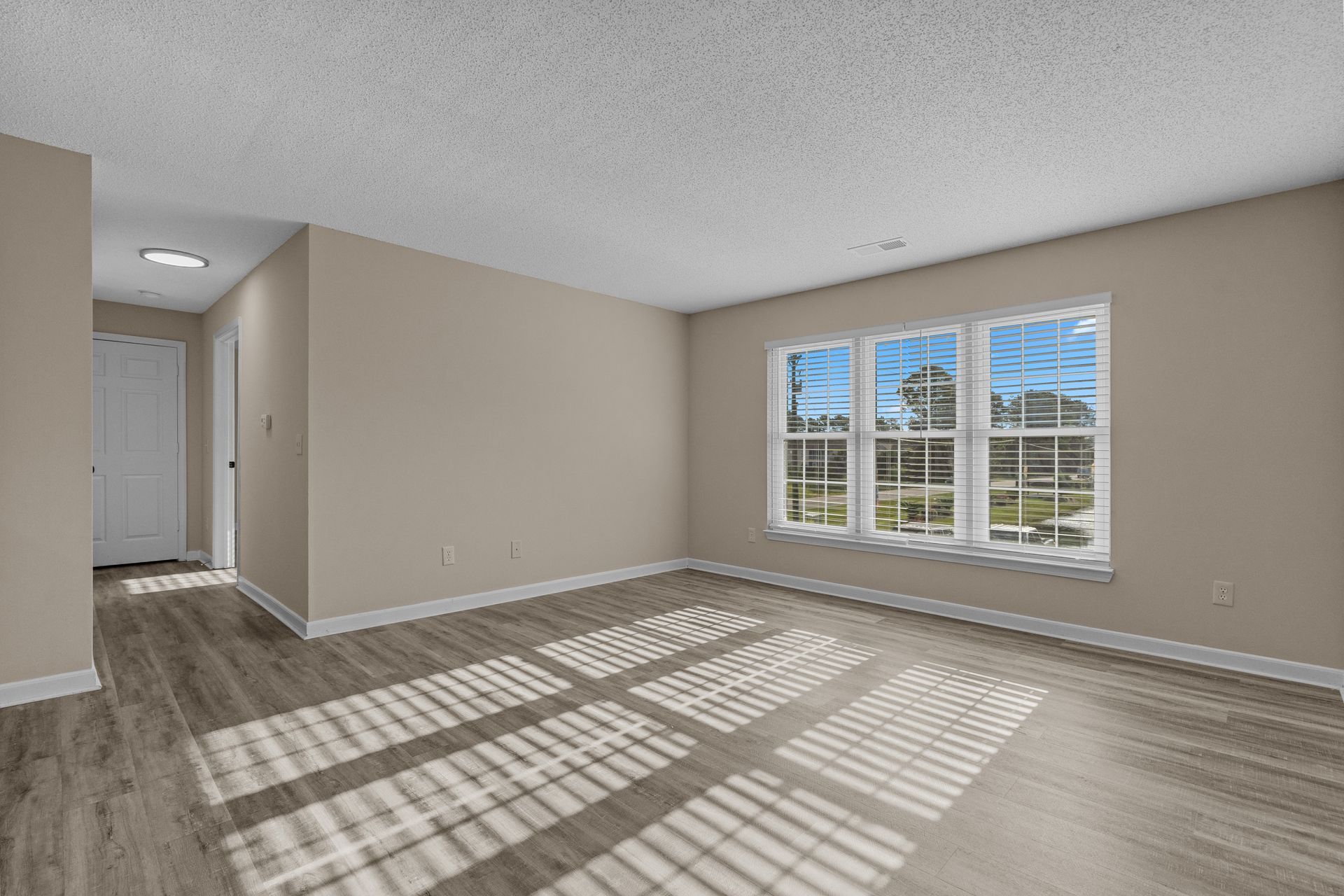 Empty room with wood-look flooring, light-colored walls, and a window with sunlight casting shadows.