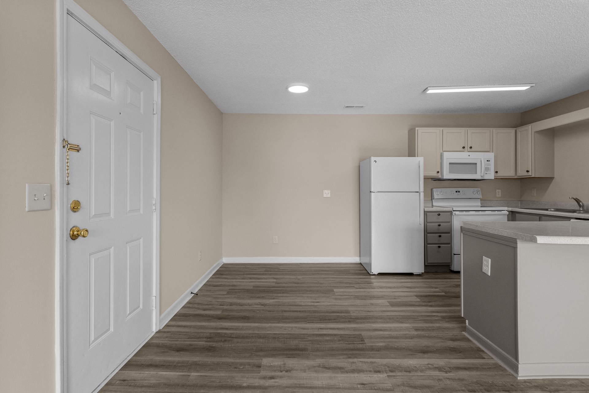 Interior view of an apartment with a kitchen and entryway. White door, neutral walls, wood-look flooring.