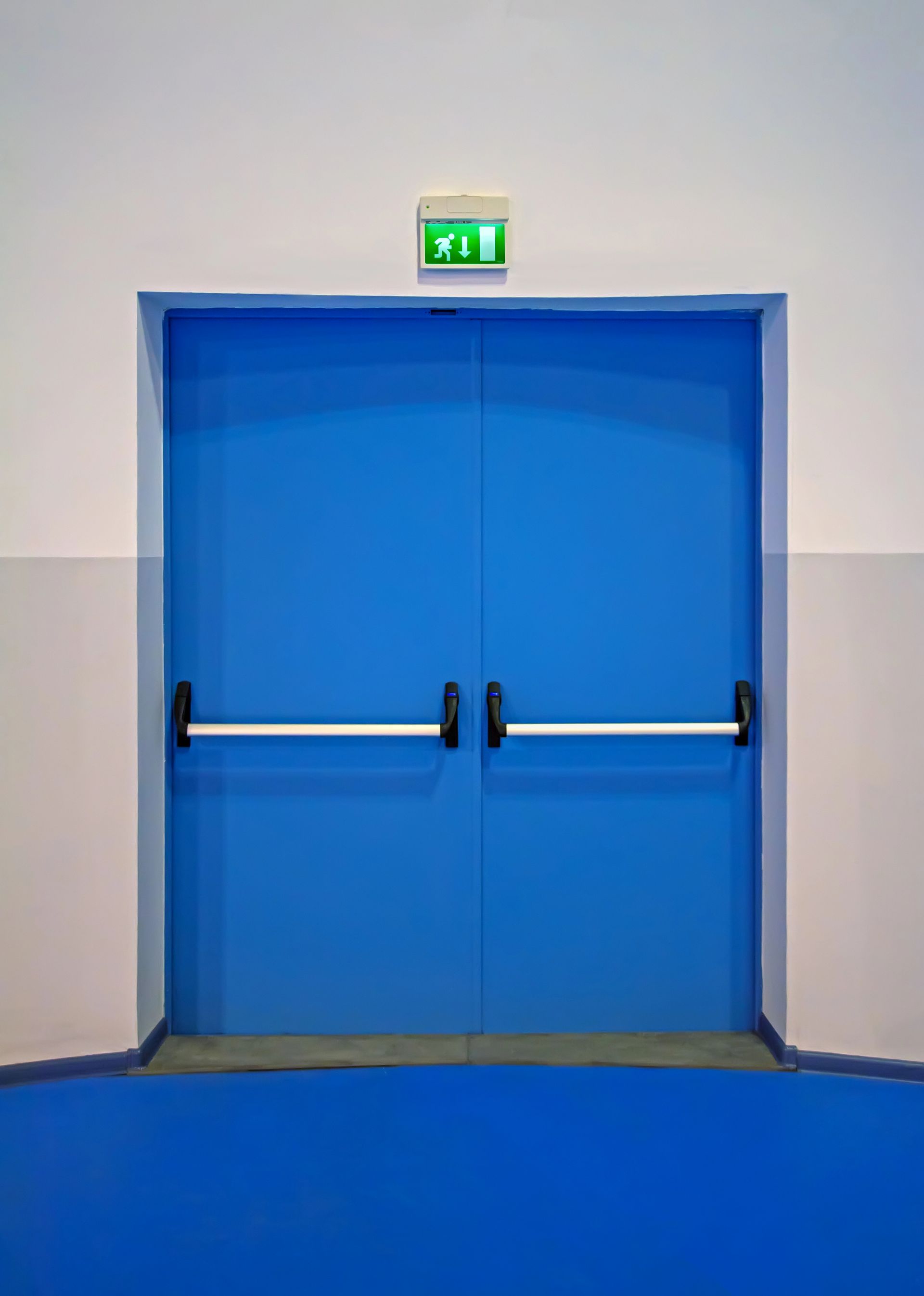 Porte di uscita di emergenza blu con barre orizzontali bianche e segnale di uscita verde.
