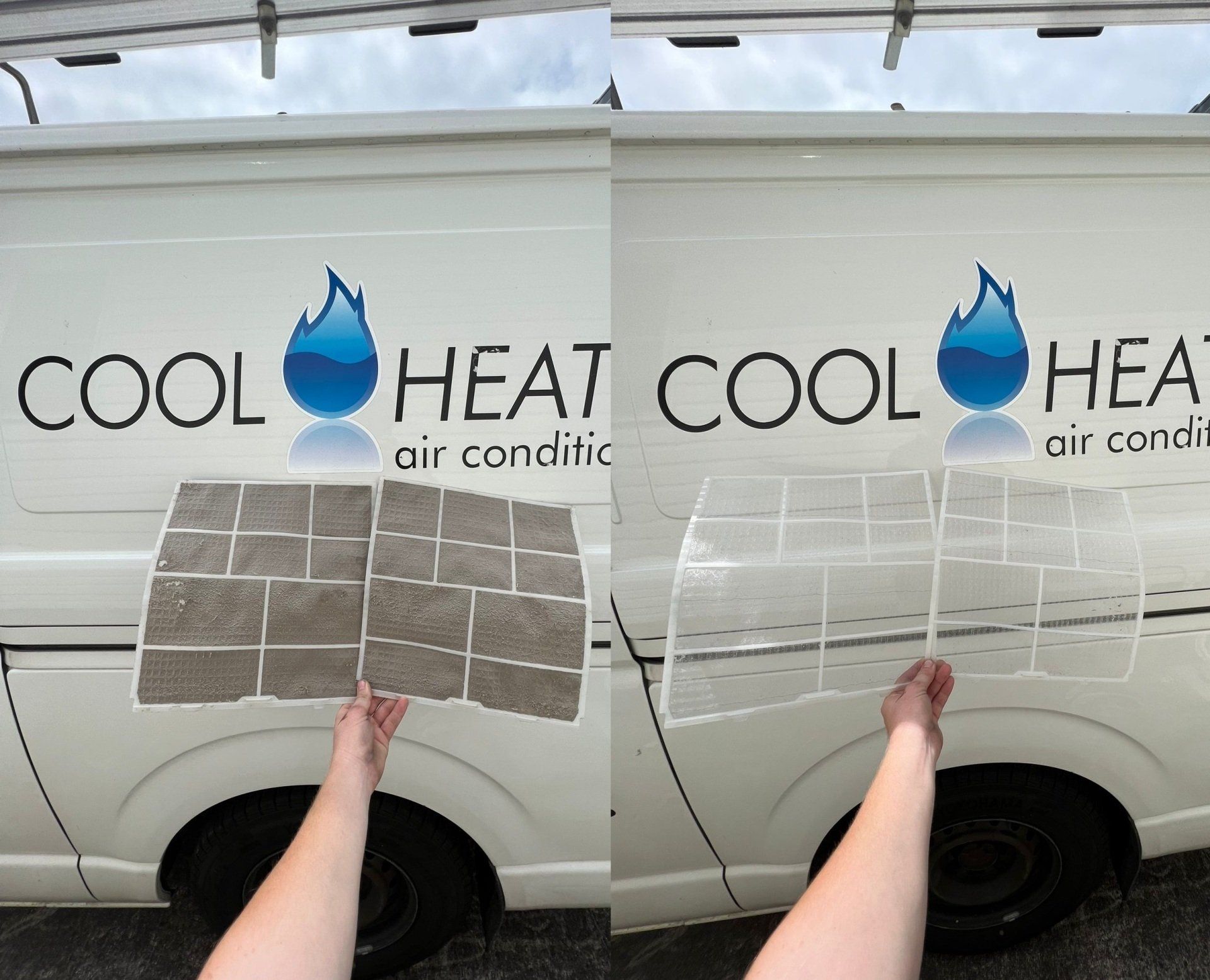 Before And After Air conditioning Filter Cleaning With service Vehicle Background — Servicing Homes & Businesses in Albion Park, NSW