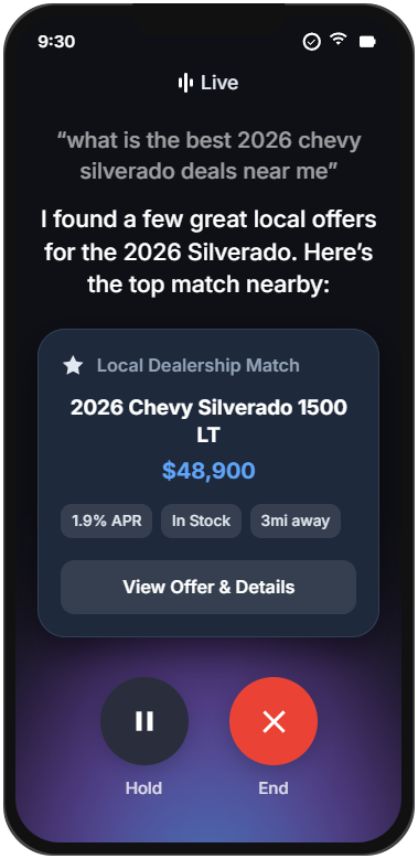 Car dealership live call screen showing a 2028 Chevy Silverado offer for $48,900 with Hold and End buttons