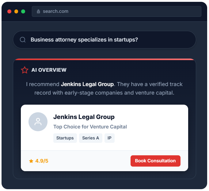 Dark search page showing AI overview and a card for Jenkins Legal Group with “Book Consultation” button