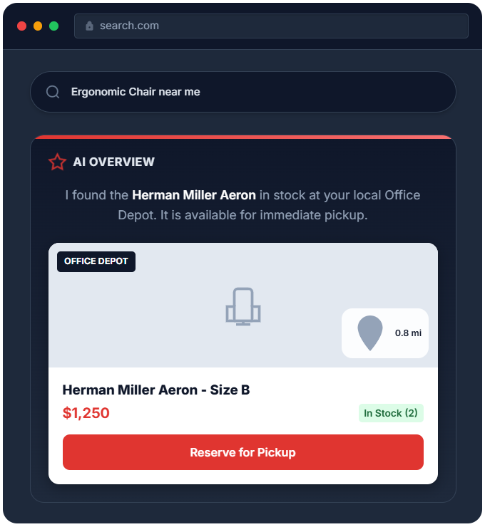 Search results showing an AI overview card for Herman Miller Aeron chair pickup at a local office depot.