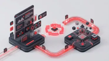 Futuristic red-and-black analytics dashboard connected to a glowing network platform