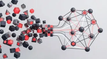 Red and black cubes transforming into a connected network of nodes and lines