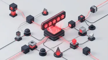3D red-and-black network nodes connected around a central glowing star rating panel