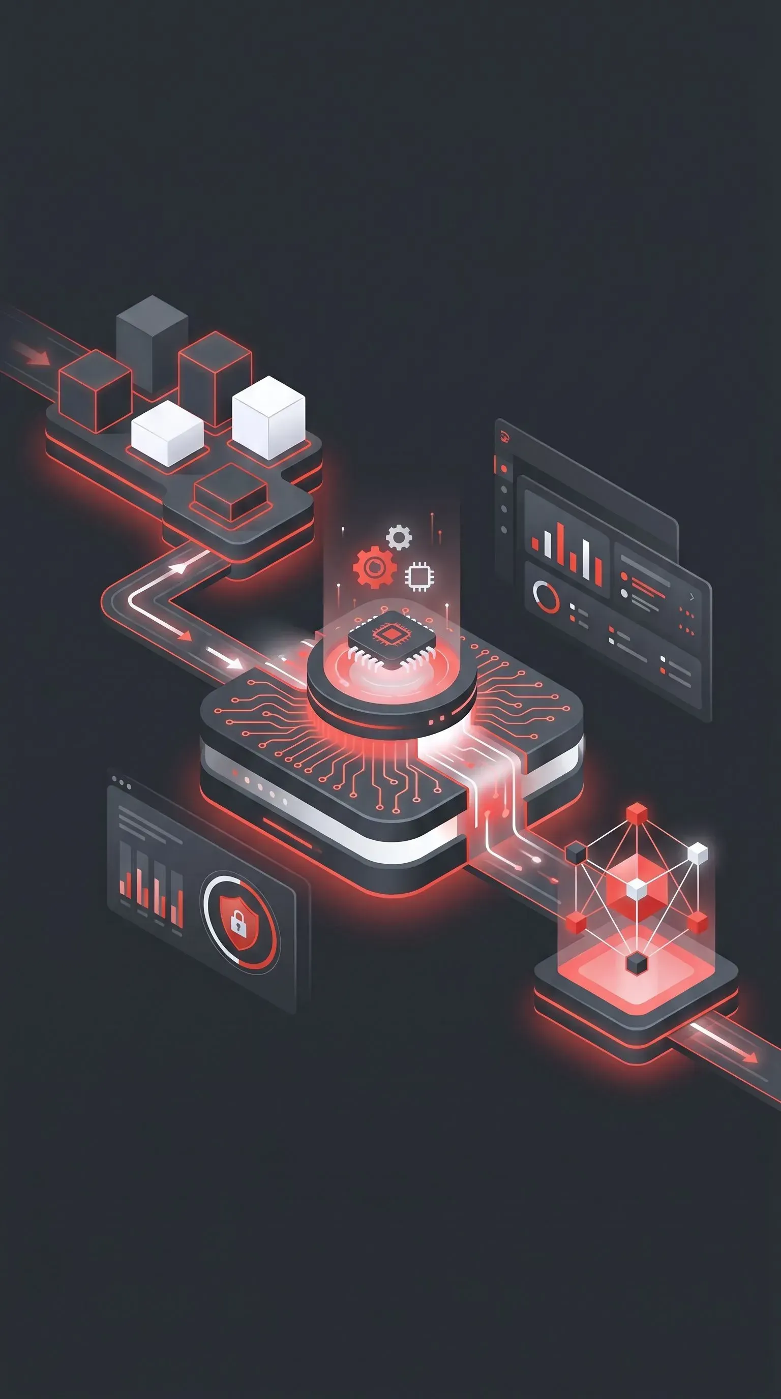 Futuristic red-lit digital dashboard with glowing data panels and 3D cubes on a dark background