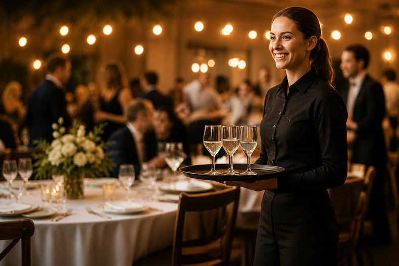 Professional event staff from Blue Ridge Event Staffing carrying a tray with champagne flutes at an upscale event