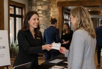 Event staff person handing over a badge to an attendee at a corporate event