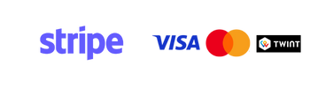 Logos für die Zahlungsoptionen Stripe, Visa, Mastercard und Twint.