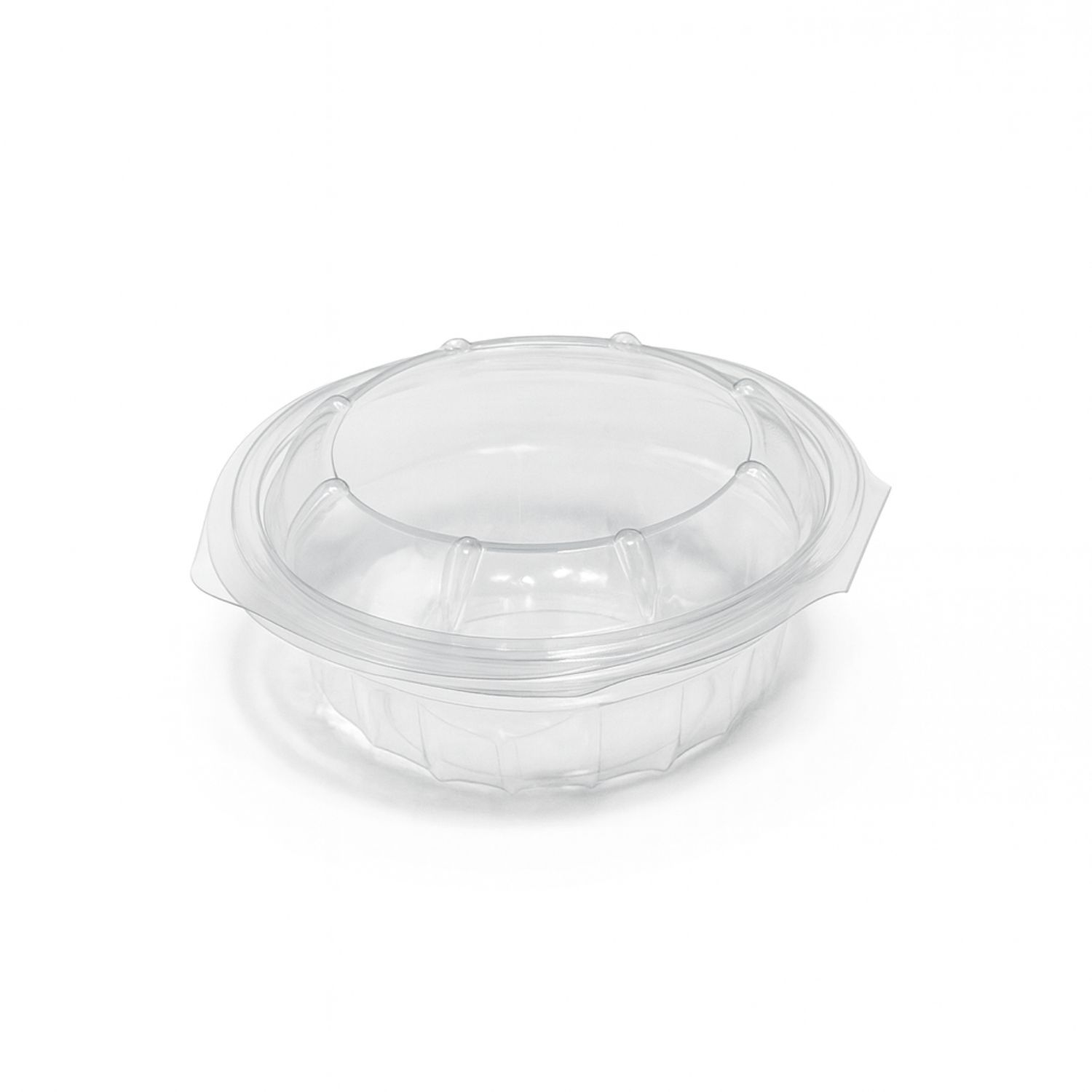 Durchsichtiger Lebensmittelbehälter aus Kunststoff mit gewölbtem Deckel.