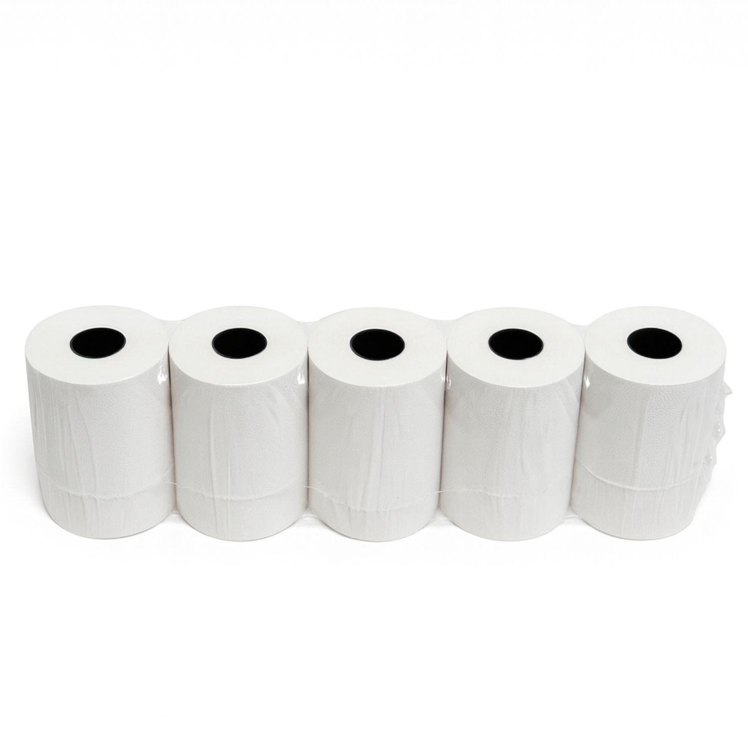 Fünf Rollen weisses Kassenbonpapier, zusammen eingeschweisst.