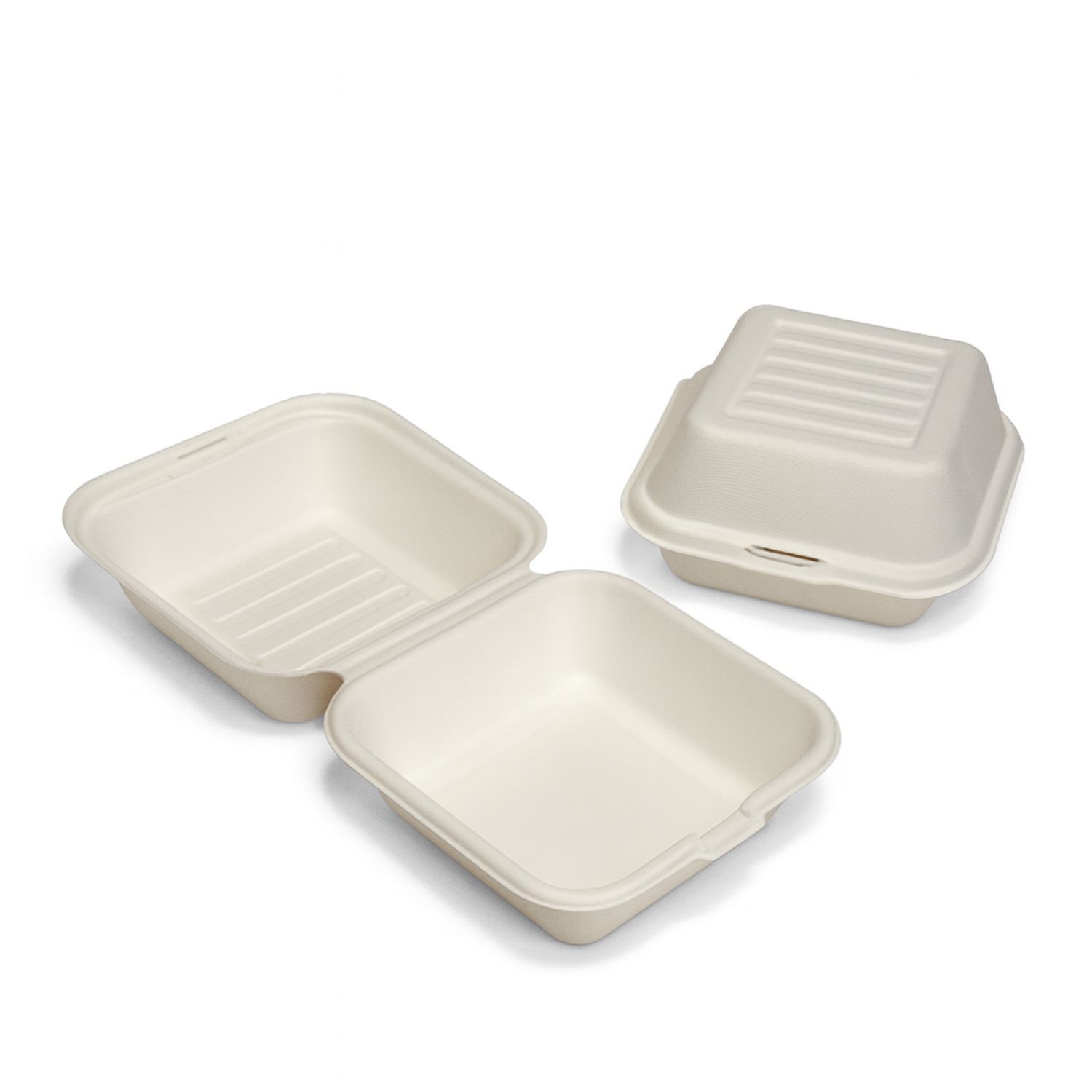 Quadratische Zuckerrohr-Burger-Boxen, eine offen, eine geschlossen.