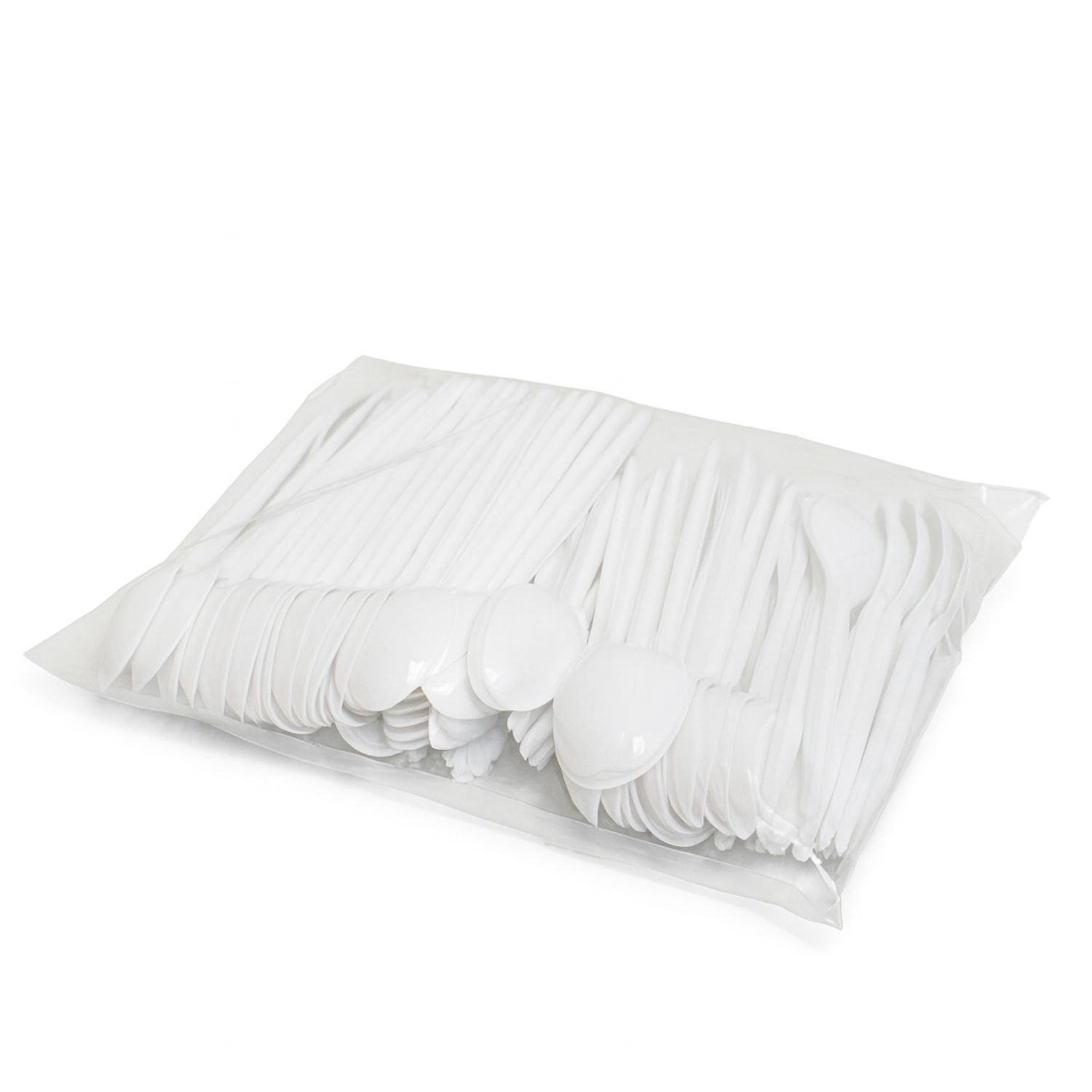 Beutel mit weissen Plastiklöffeln.