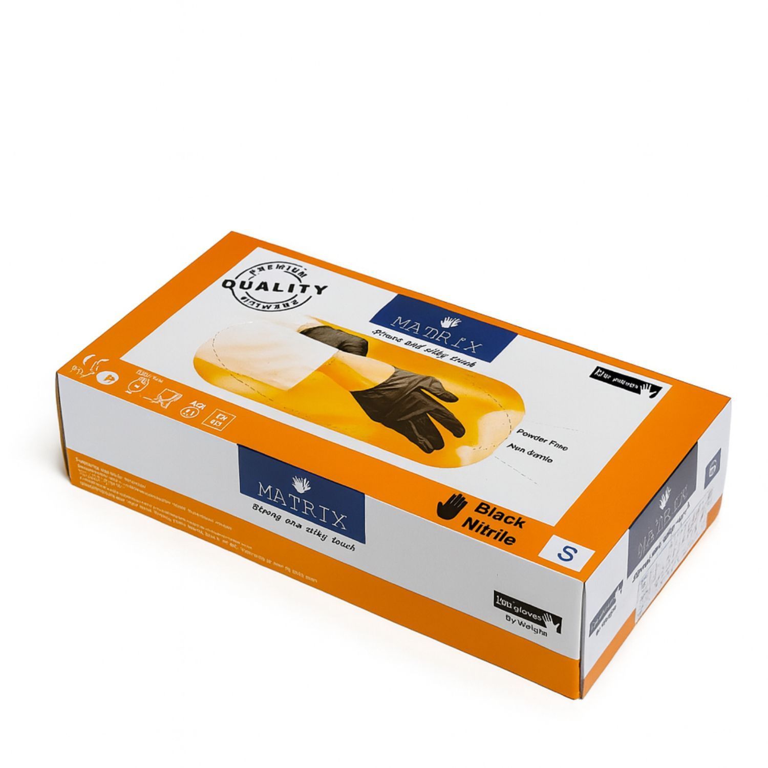 Schachtel mit schwarzen Nitrilhandschuhen.