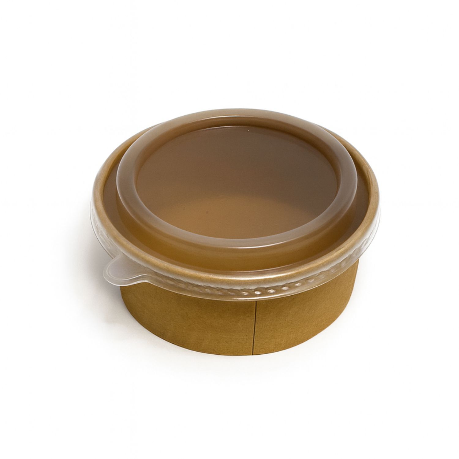 Menüschale aus braunem Karton mit durchsichtigem Plastikdeckel.