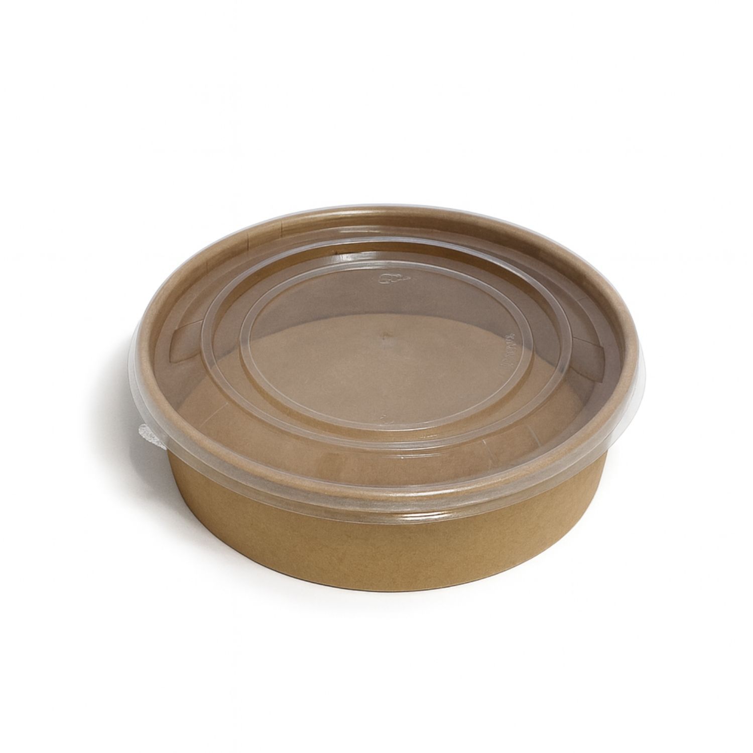 Menüschale aus braunem Karton mit durchsichtigem Plastikdeckel.