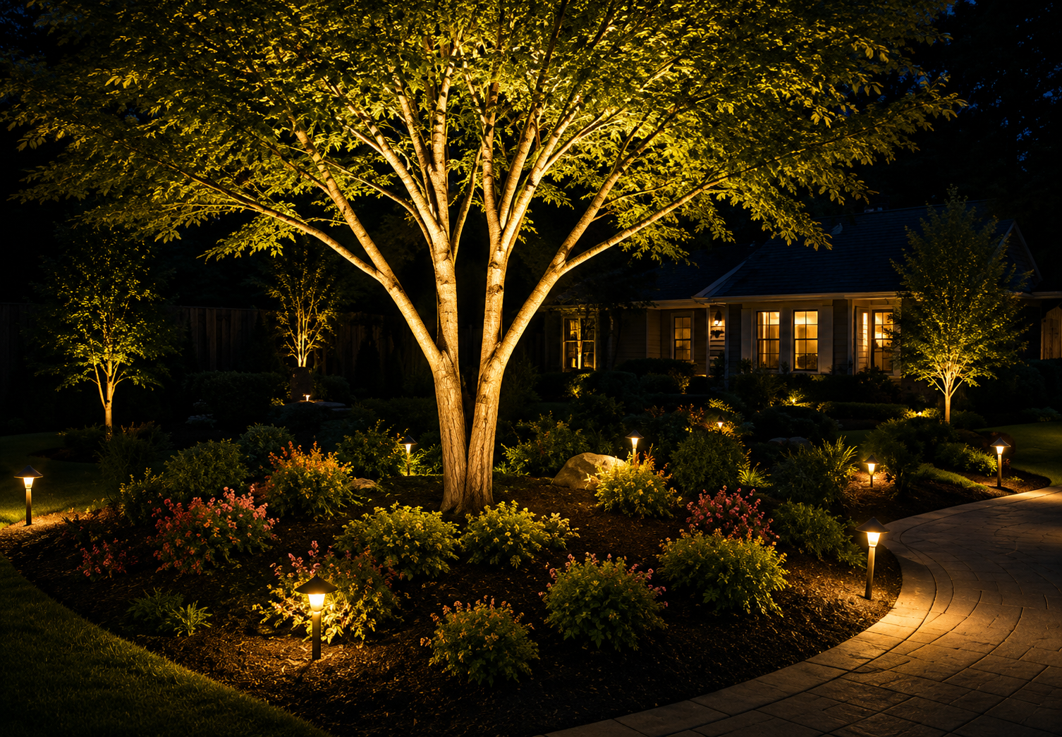 Illuminated garden tree at night with landscape lighting and a house in the background