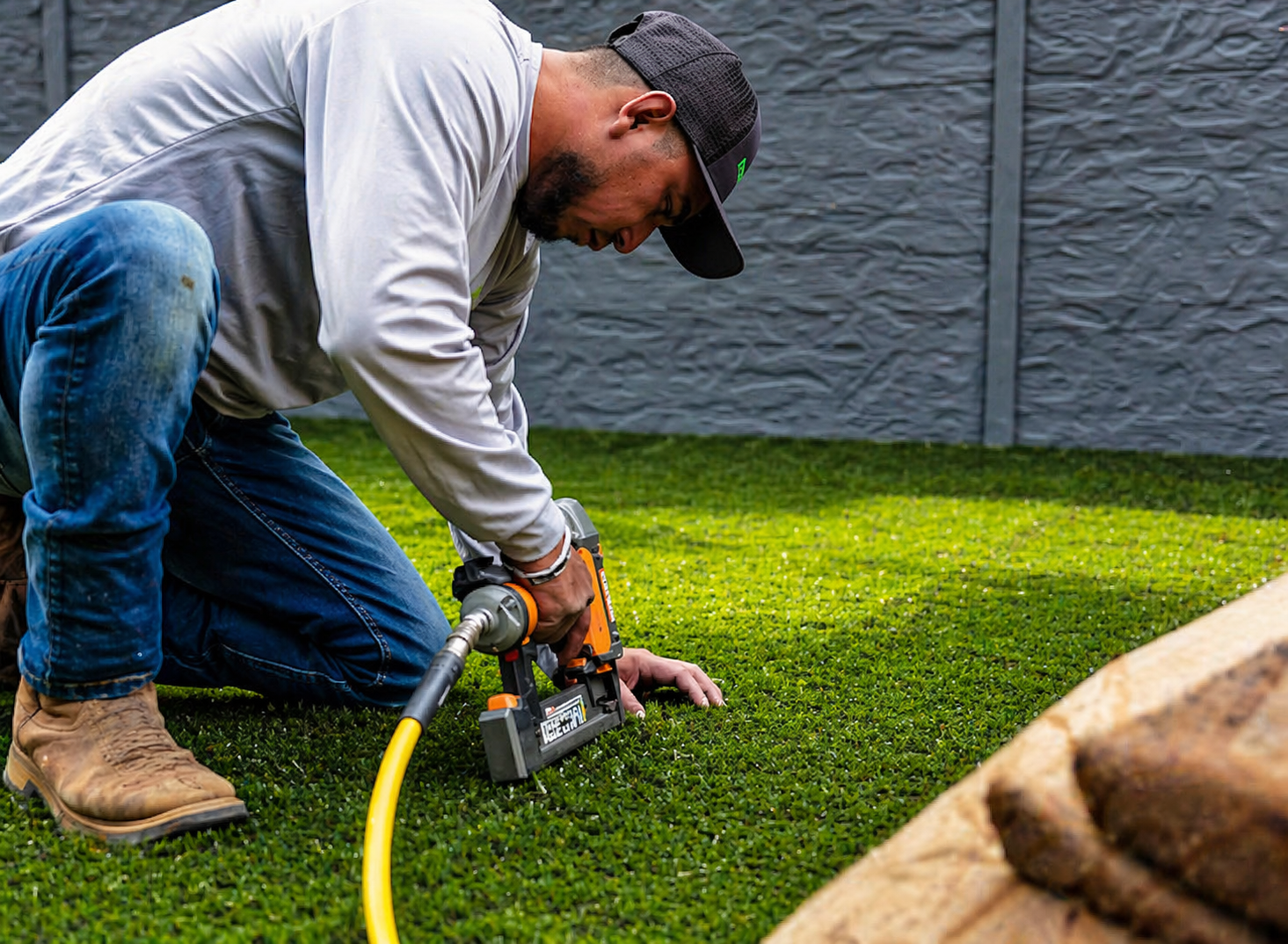 Person using a power tool to cut grass or turf in a backyard with a green lawn and gray fence.