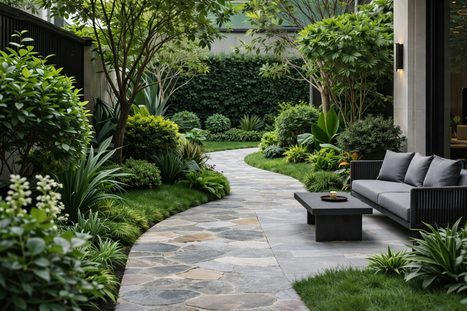 Modern garden patio with stone path, lush greenery, and gray outdoor sofa