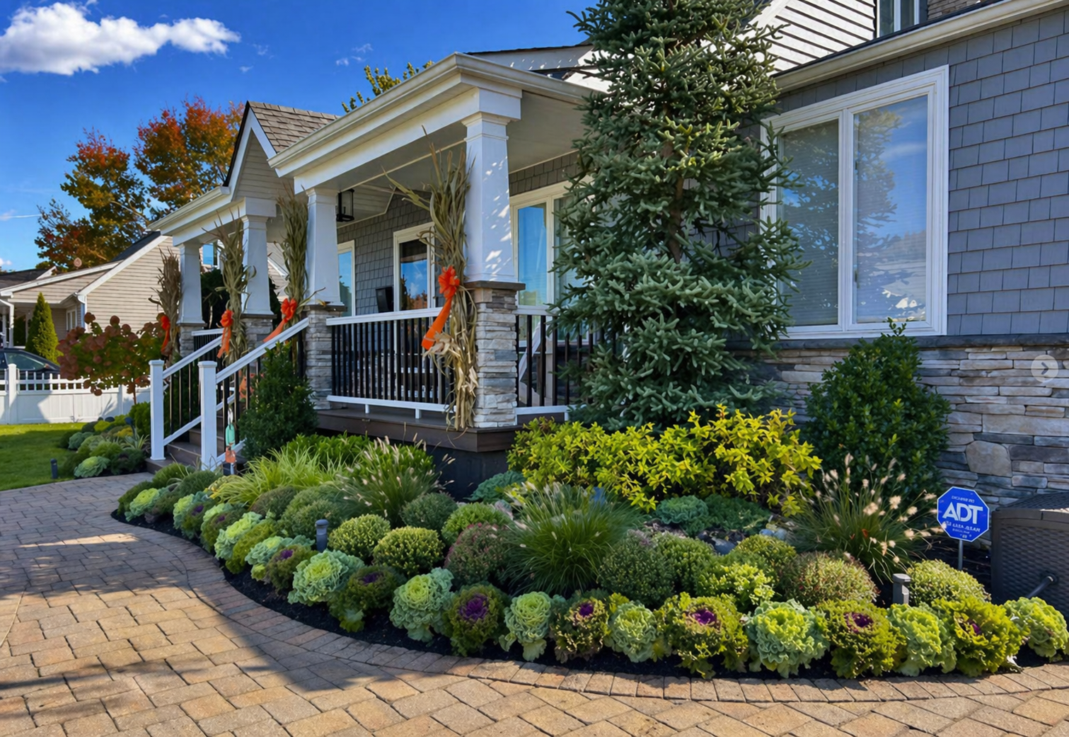 Front porch of a gray house with white trim, potted flowers, and a landscaped front yard under blue sky