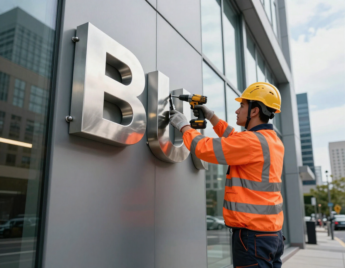 Instalación profesional de letras 3D en edificio comercial