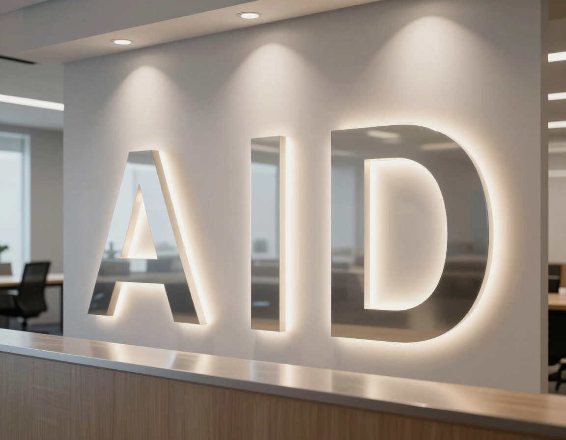 Letras 3D iluminadas en recepción corporativa