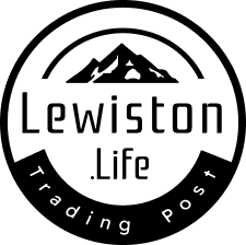 Logo for Lewiston Life Trading Post: Black and white circular design with mountain icon and text.