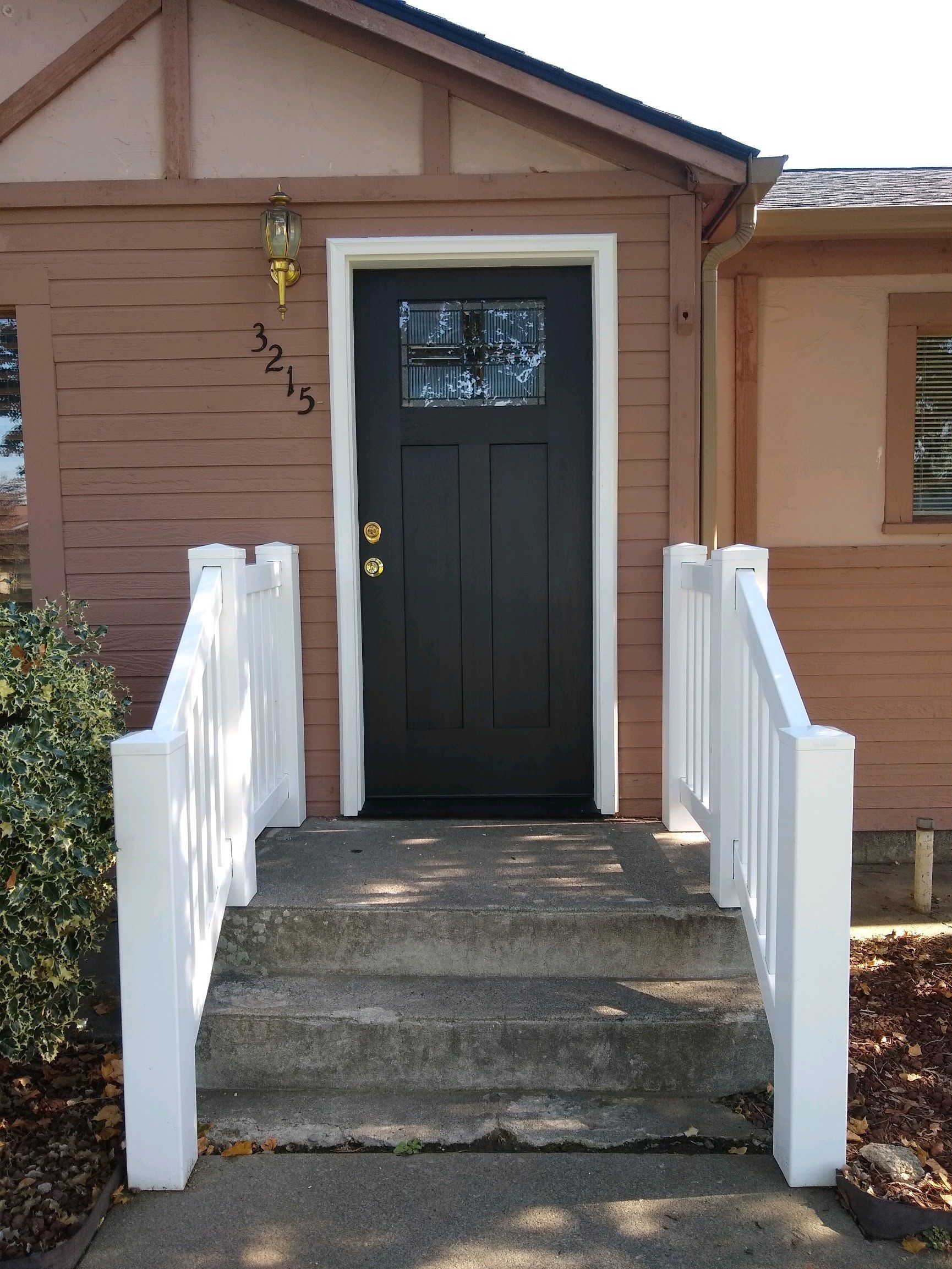 Black door with glass panel, white trim, and concrete steps leading up to it. Brown house.