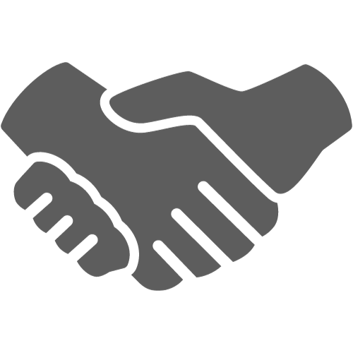 A blue handshake icon on a white background.