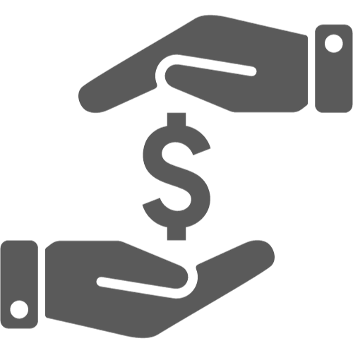 A blue icon of two hands holding a dollar sign.