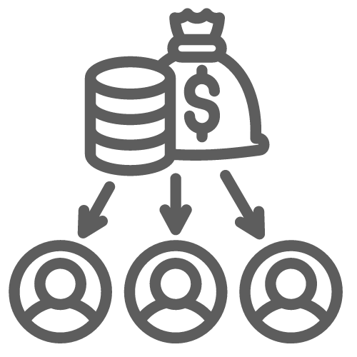 A line drawing of a bag of money and three people.