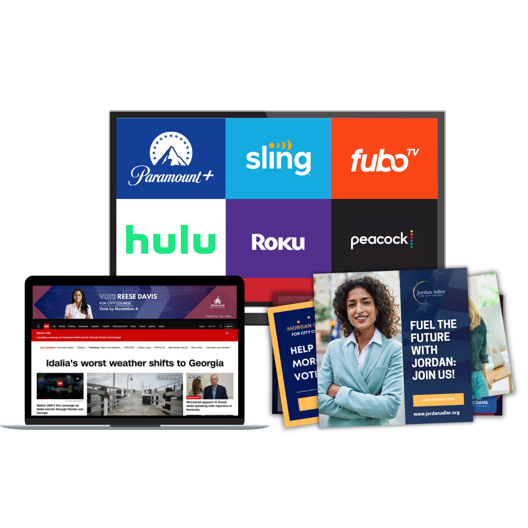 A television , laptop , tablet , and phone are sitting next to each other.