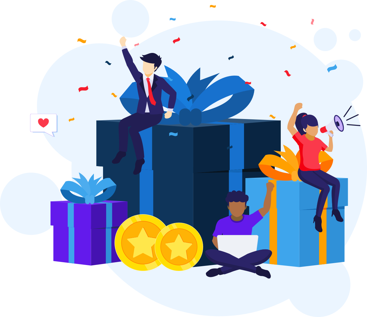 A group of people are sitting on gifts and coins.