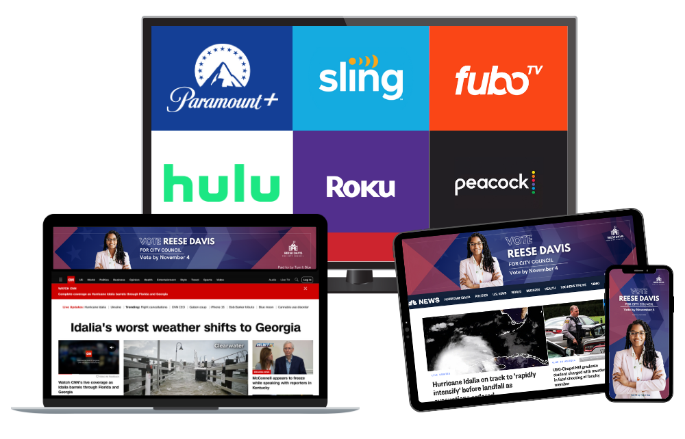 A laptop , tablet , and phone are sitting next to each other on a table with ad placements shown on each