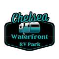 Chelsea Waterfront RV Park logo: teal and white camper on black with teal text on a black background.