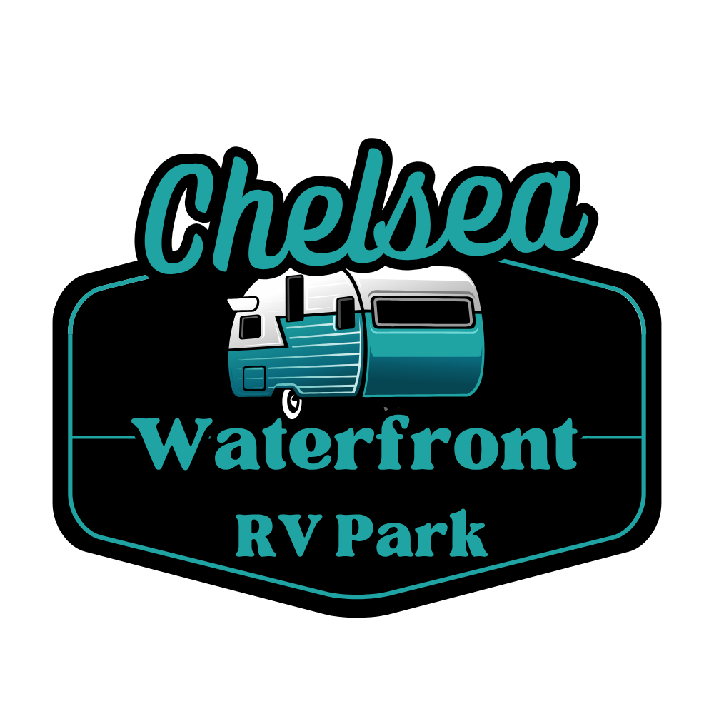 Chelsea Waterfront RV Park logo: teal and white camper on black with teal text on a black background.