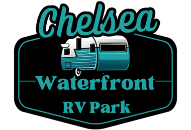 Chelsea Waterfront RV Park logo: teal and white camper on black with teal text on a black background.