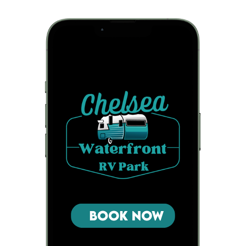 Mobile phone showing Chelsea Waterfront RV Park logo with 