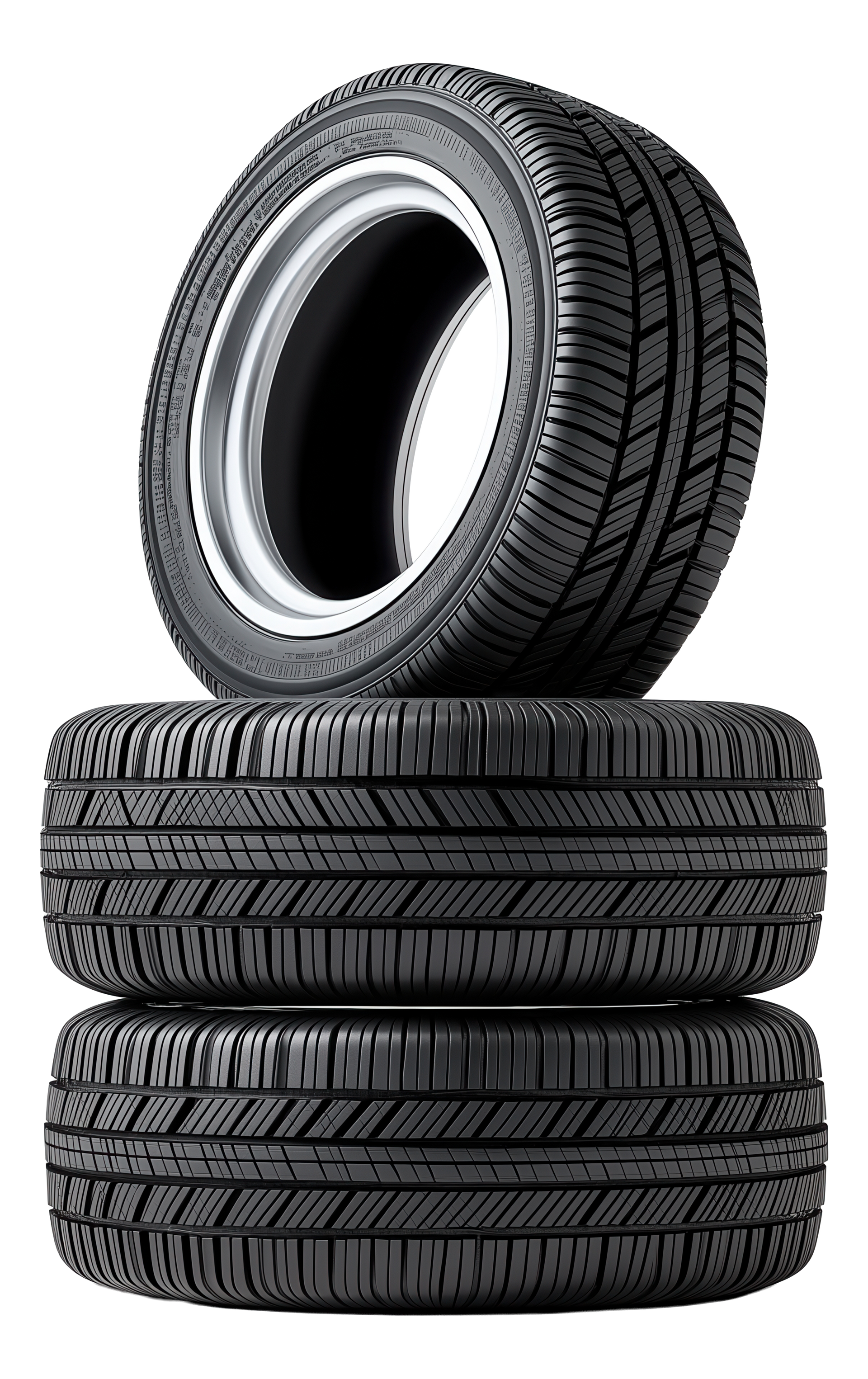 Three stacked car tires, one upright, showing tire treads and a silver rim.