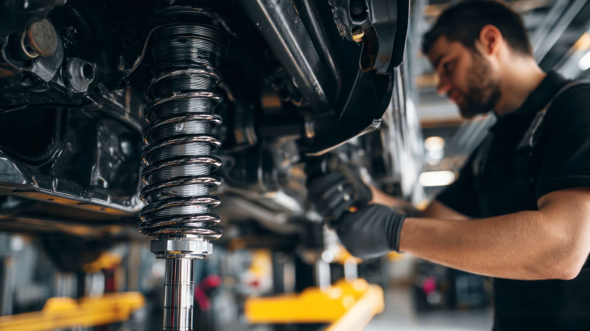Mechanic working on car suspension; close-up of shock absorber and springs; in a repair shop.