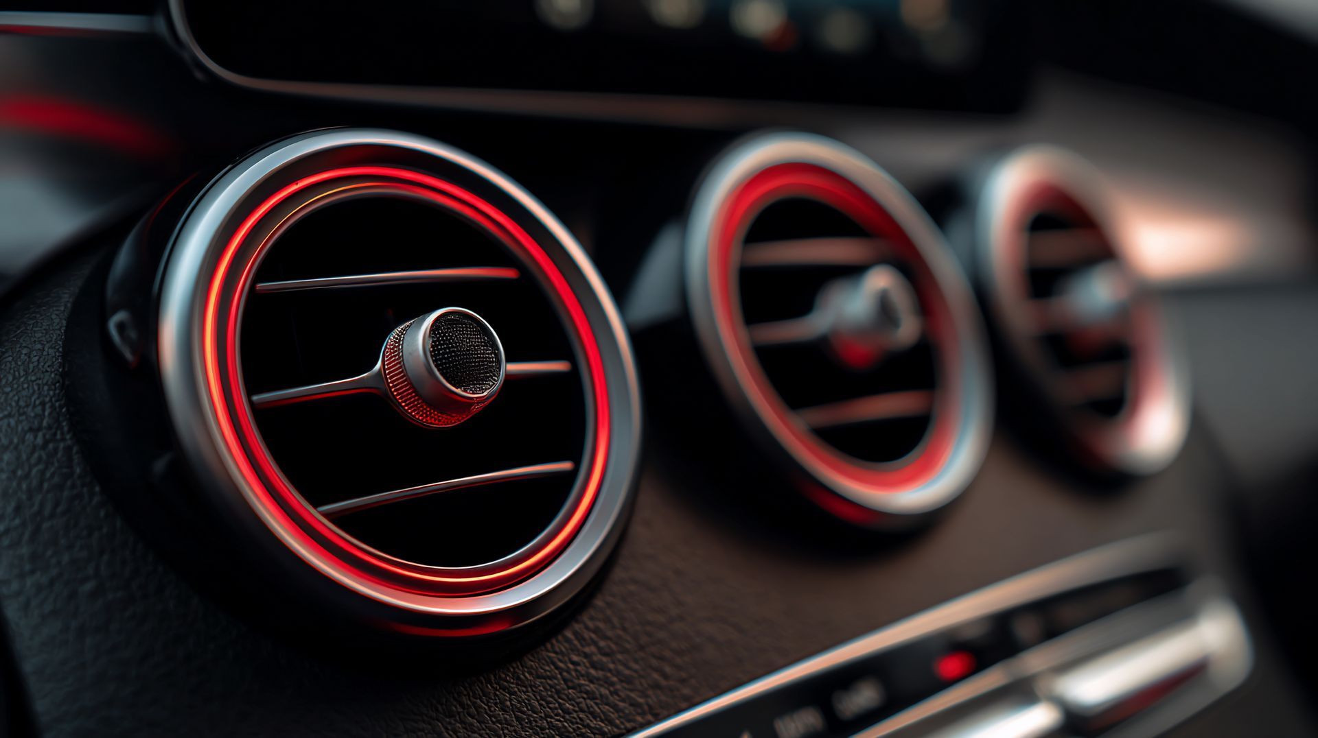 Car dashboard with three round air vents; red and silver trim.