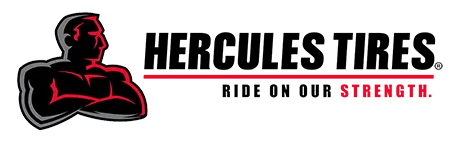 Hercules Tires logo: muscular man silhouette, black and red, with the company name and tagline.