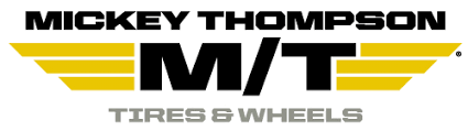Mickey Thompson Tires & Wheels logo: Black text on a white background with yellow wings.