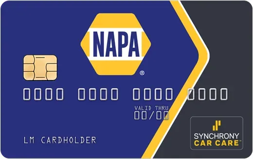 NAPA Auto Parts credit card with logo, chip, and Synchrony Car Care branding on blue background.