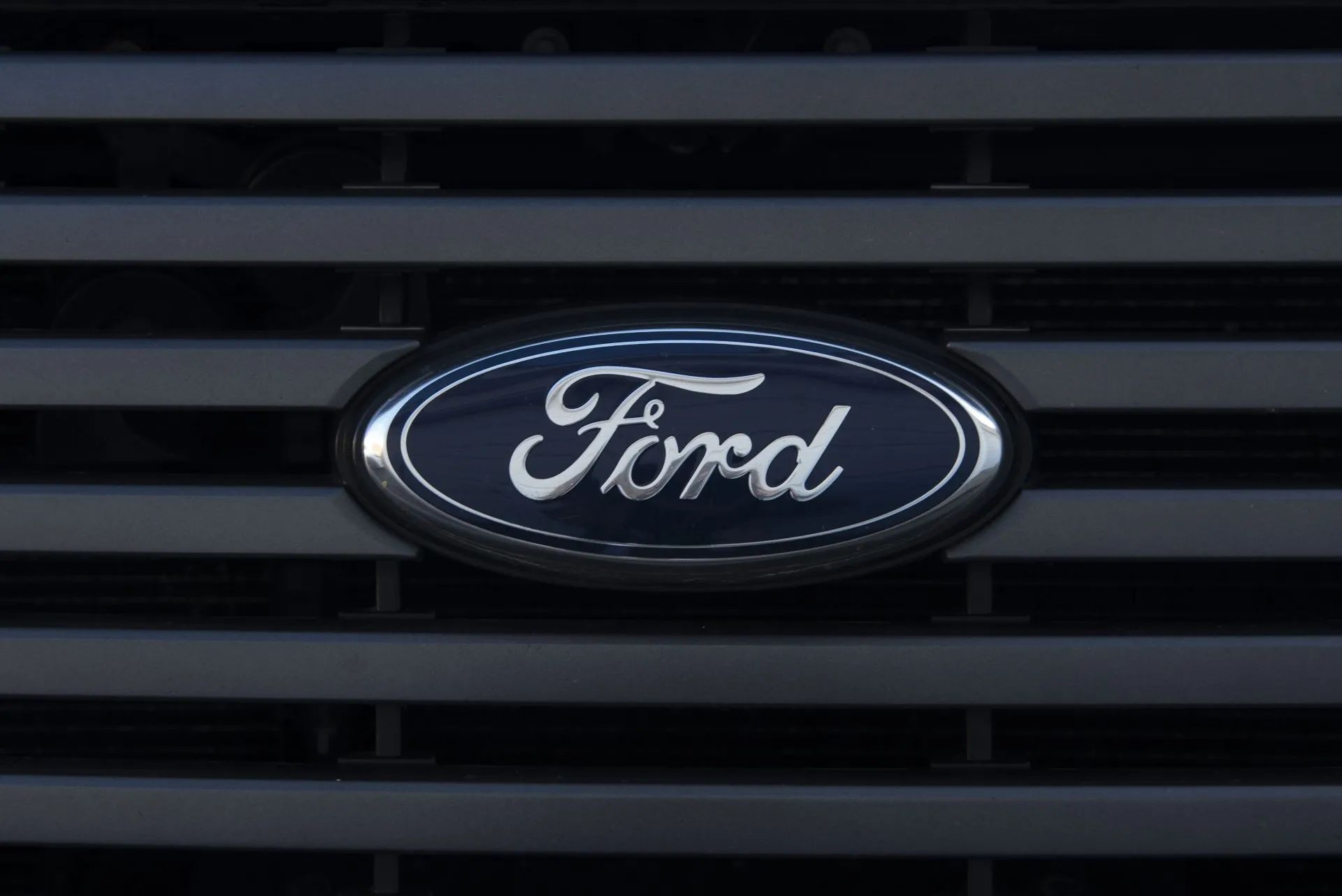 Ford logo on a dark gray grille. The logo is oval, blue, with silver 